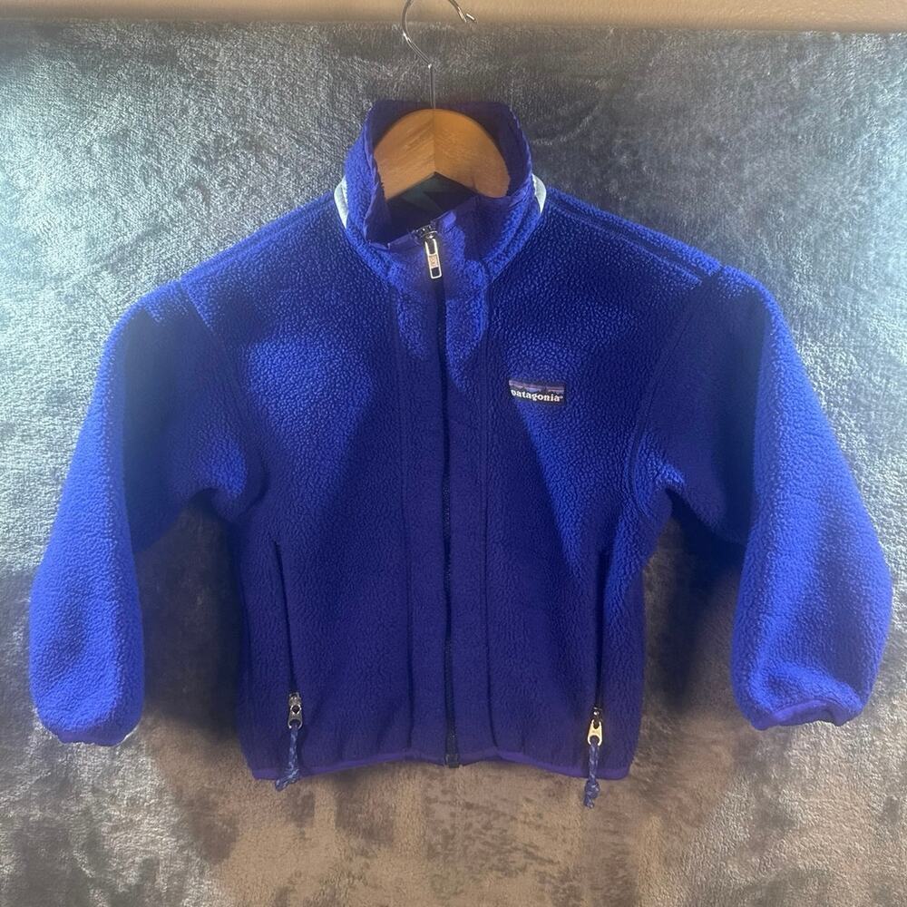 VTG 90s Patagonia Contrast Neck Full-Zip Fleece Jacket Kids 6 Cobalt Blue USA!